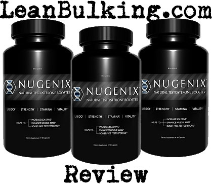 Nugenic testosterone booster review picture, showing three of the bottles lined up next to each other.