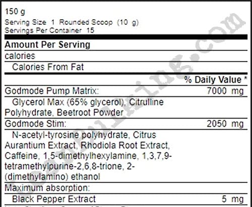 Ingredient list (also known as nutrient profile and supplement facts) of GN Labs GodMode for a leanbulking review