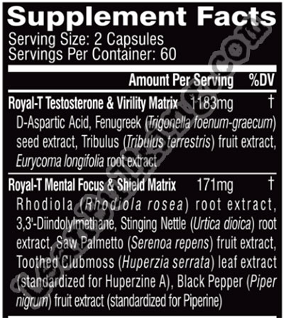 a picture of royal t's ingredient list, also known as the nutrient profile for a leanbulking review