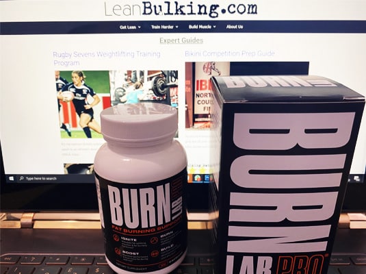 Burn Lab Pro bottle and box on a laptop with the LeanBulking website showing