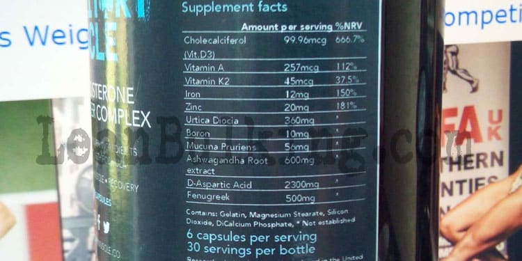 An image of Military Muscle's bottle, showing its supplement facts label with the ingredients listed