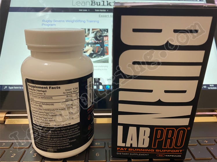 Supplement facts label for Burn Lab Pro showing the ingredients on the bottle next to its box